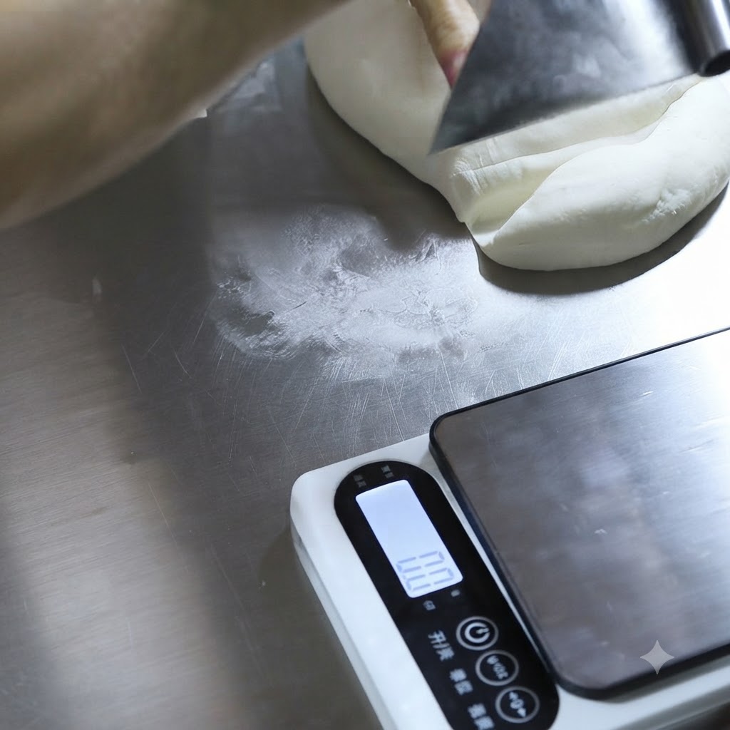 A bench scraper cutting a large piece of white dough next to a digital kitchen scale on a metal workbench.