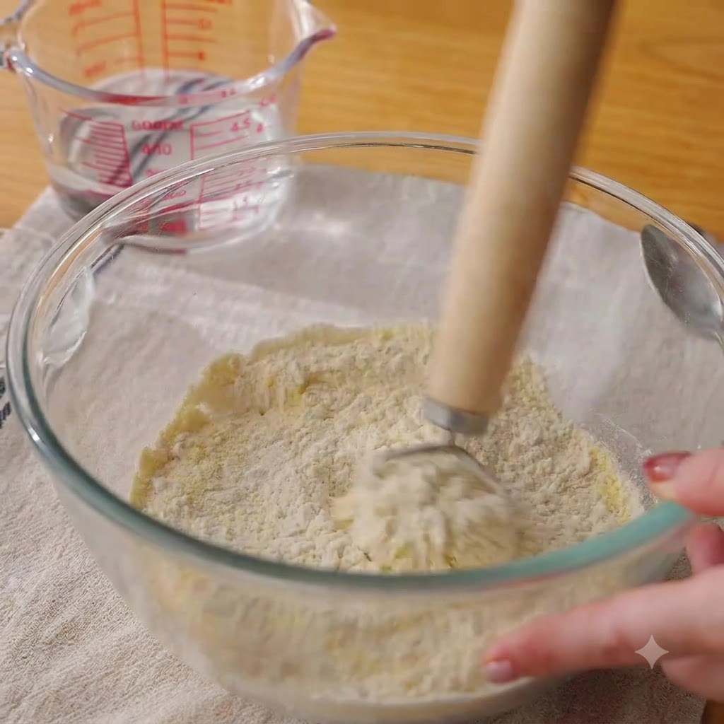 A whisk blending flour and other dry ingredients inside a clear glass mixing bowl.