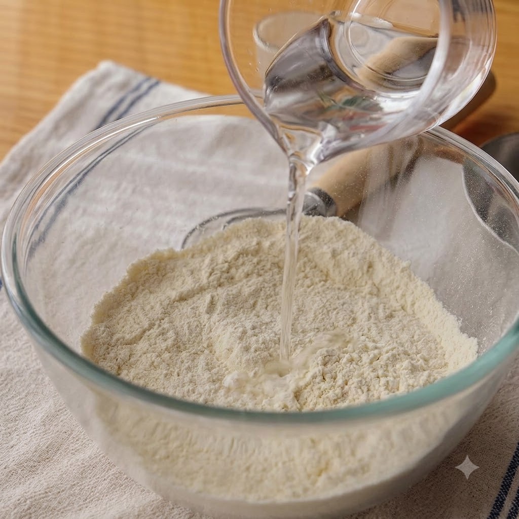 Clear water pouring from a measuring cup into a glass bowl filled with flour.