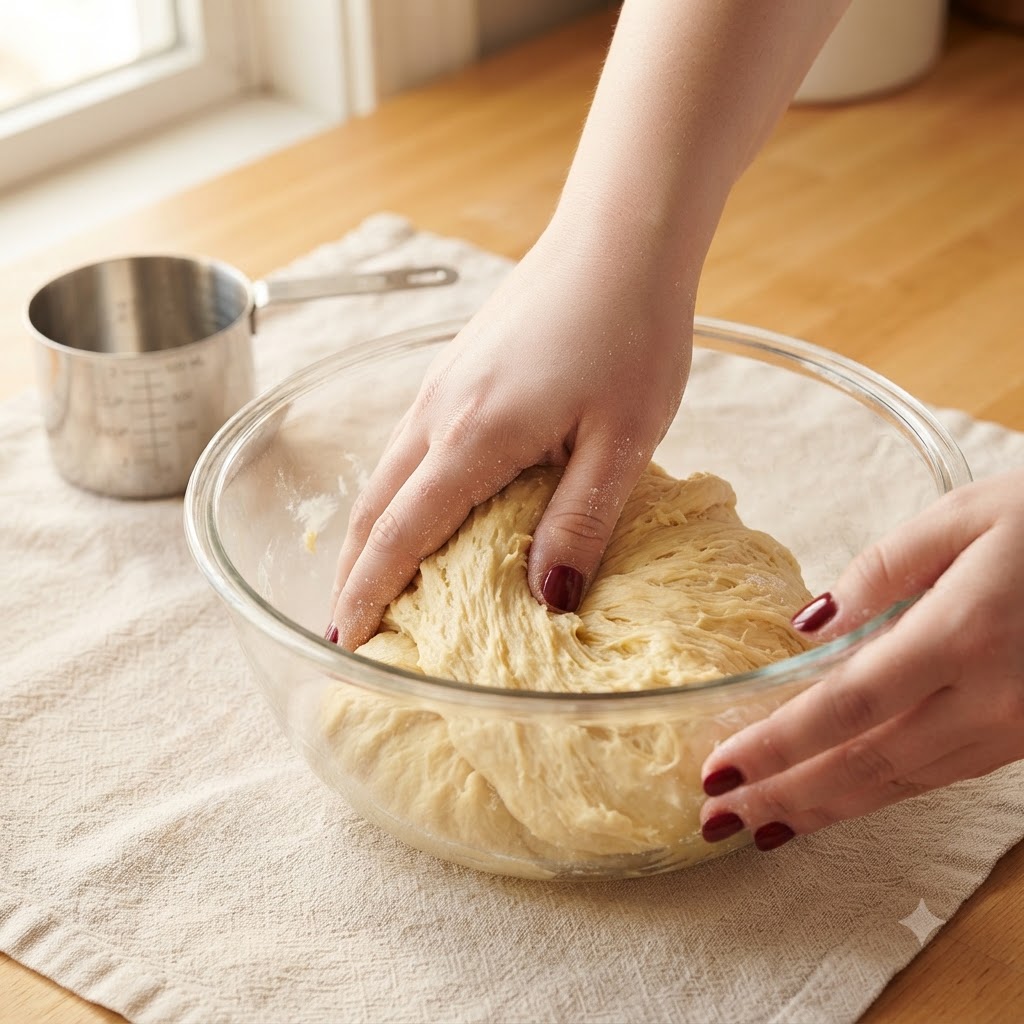 Hands kneading a rough, shaggy dough mixture inside a glass bowl on a countertop.