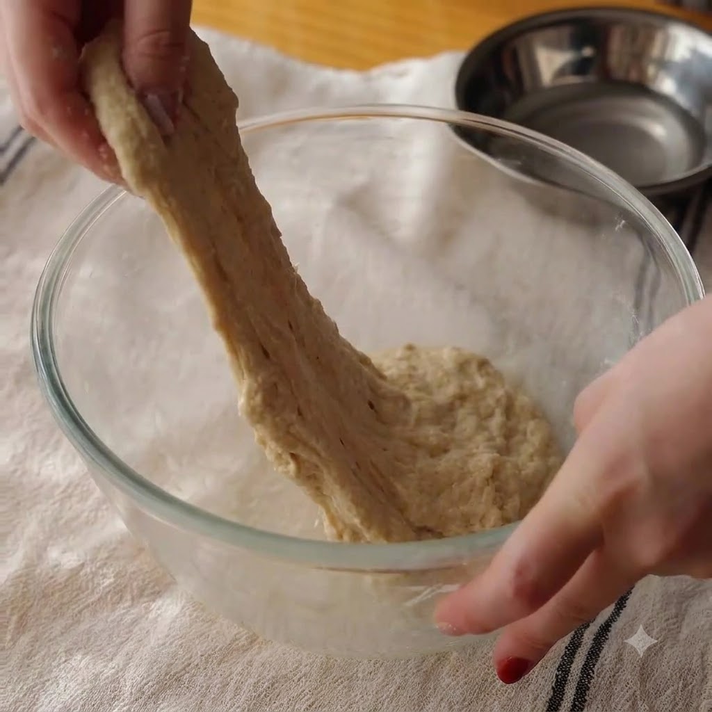 Hands stretching a section of dough upward inside a clear glass bowl.