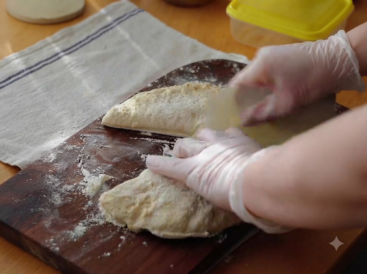 Gloved hands shaping and folding a portion of pizza dough on a floured wooden board.