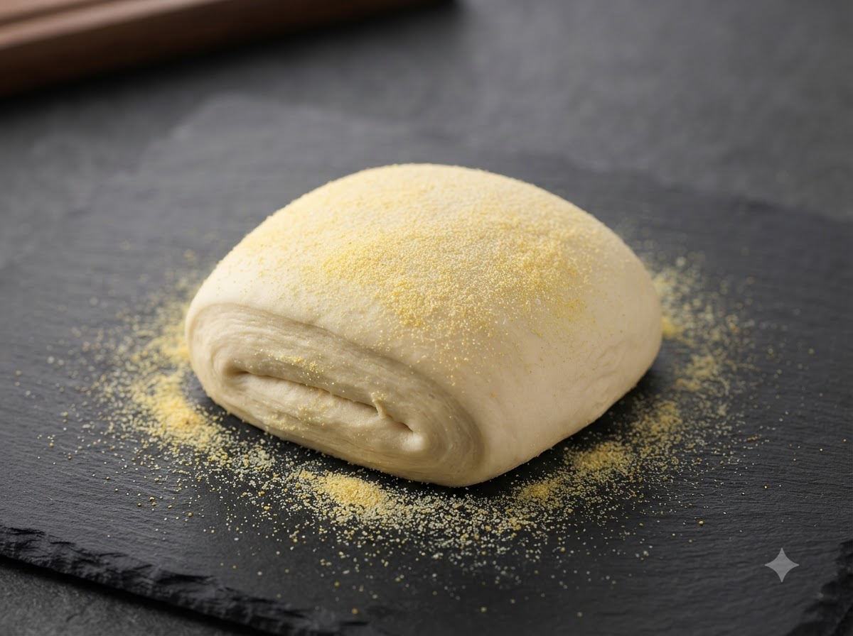 A ball of pizza dough resting on a bed of yellow semolina flour on a dark slate board.