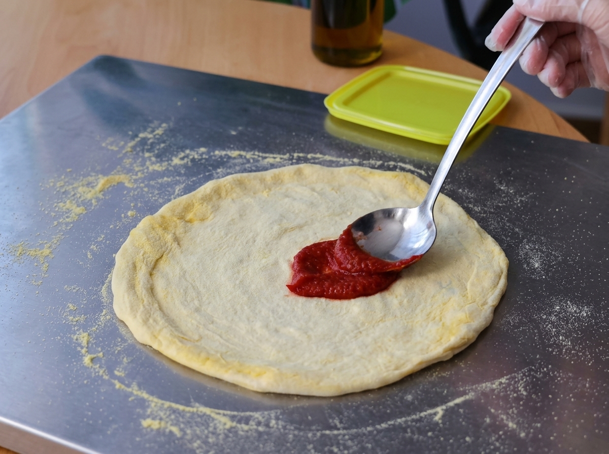 A gloved hand using a metal spoon to spread bright red tomato paste evenly over a raw, stretched pizza dough base on a metal surface.