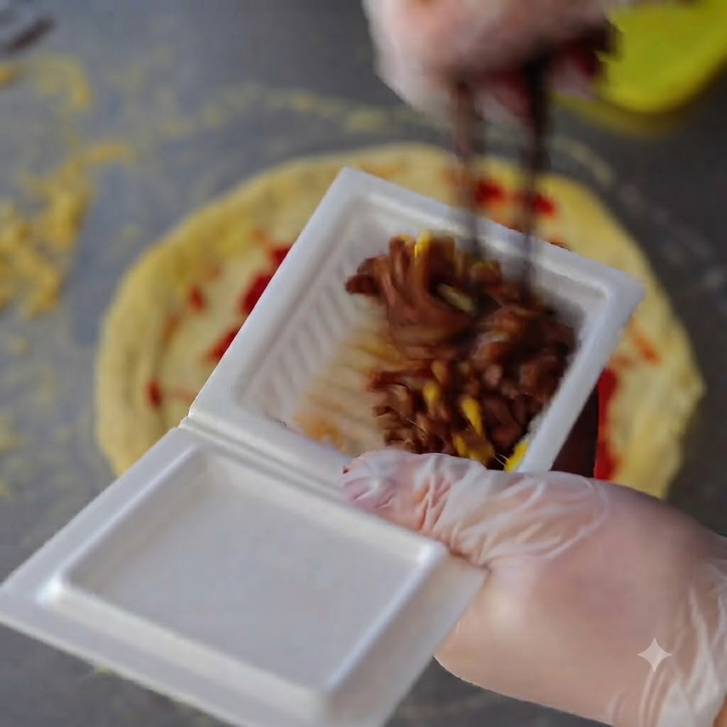 A close-up view of natto beans being mixed with soy sauce and mustard inside a styrofoam container using chopsticks.