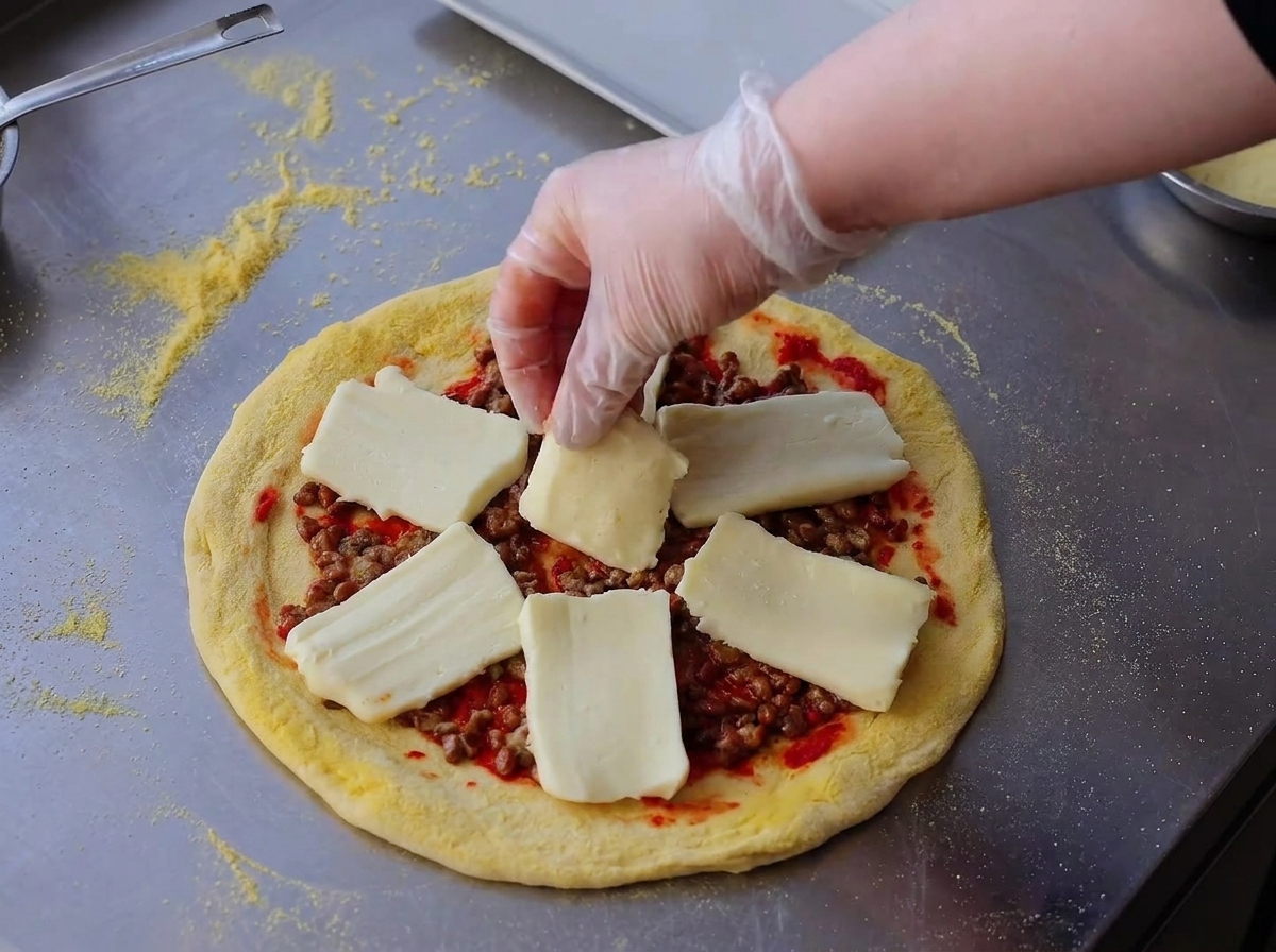 Arranging thick, rectangular slices of mozzarella cheese over the layer of natto.