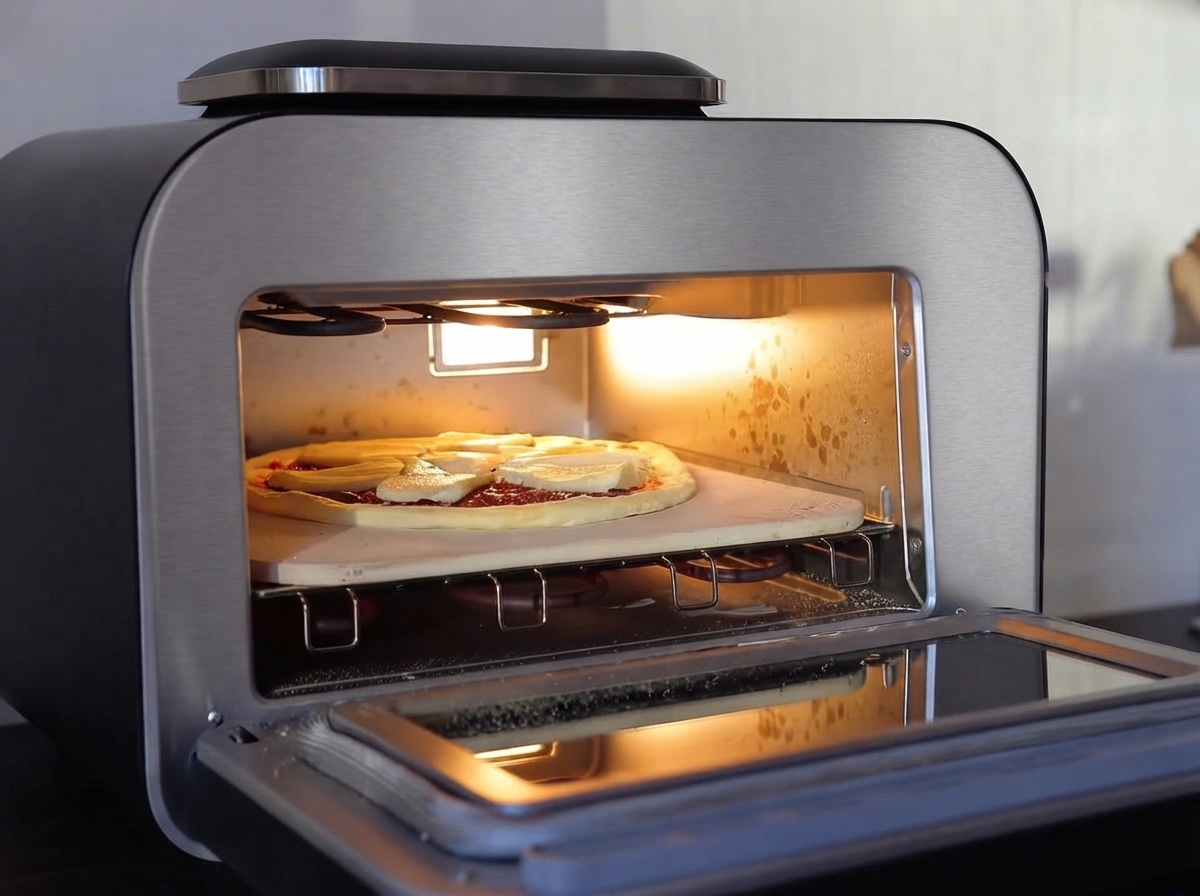 An assembled pizza being transferred from a peel onto the hot baking stone inside a countertop electric pizza oven.