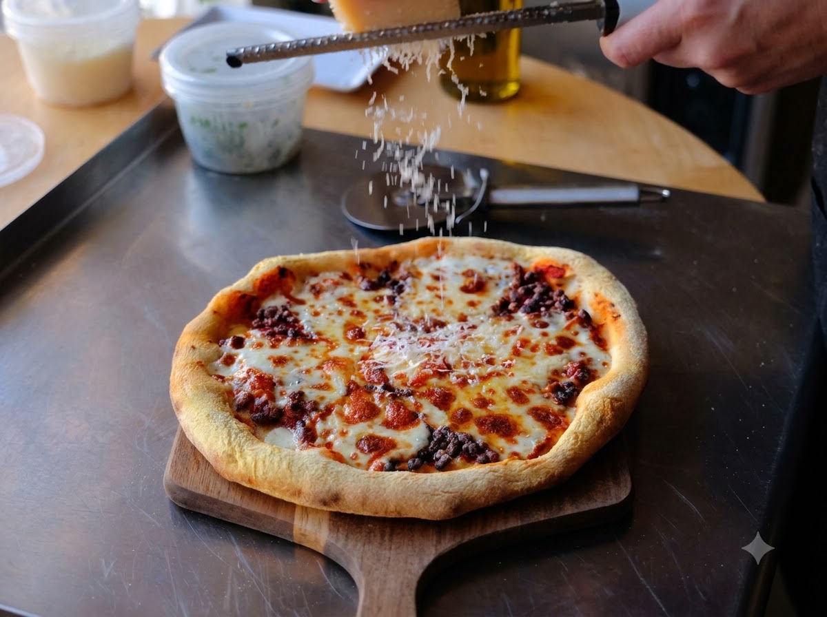 Fresh parmesan cheese being grated from a block over a hot, freshly baked pizza on a wooden peel.