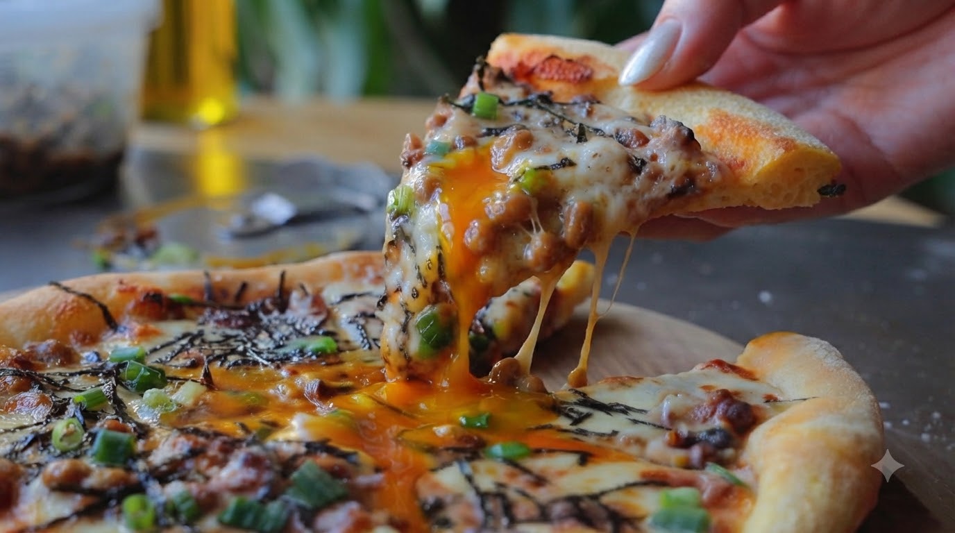 Japanese Natto Pizza with Egg Yolk