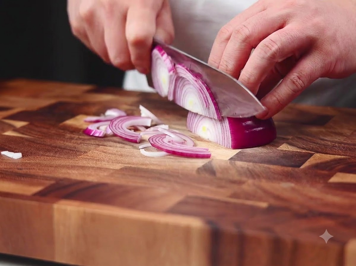 A chefs knife slicing a red onion into thin half-moon pieces on a wooden cutting board.