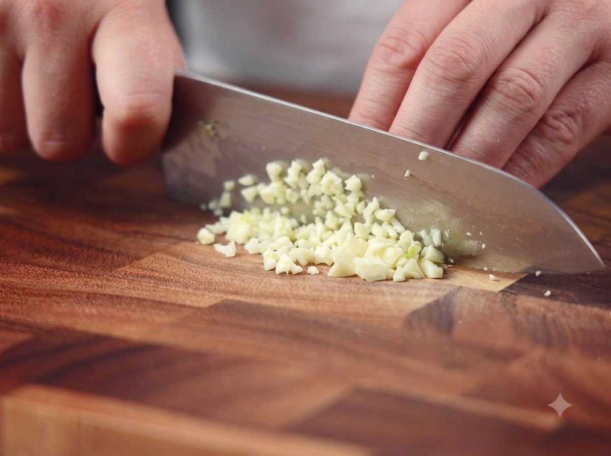 Garlic cloves being finely minced with a chefs knife on a wooden cutting board.
