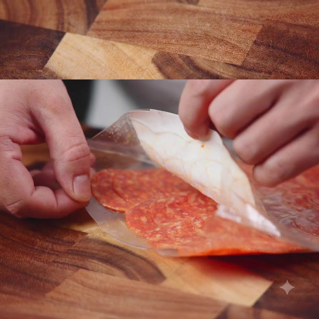 Hands peeling open a plastic package of pre-sliced salami on a wooden surface.