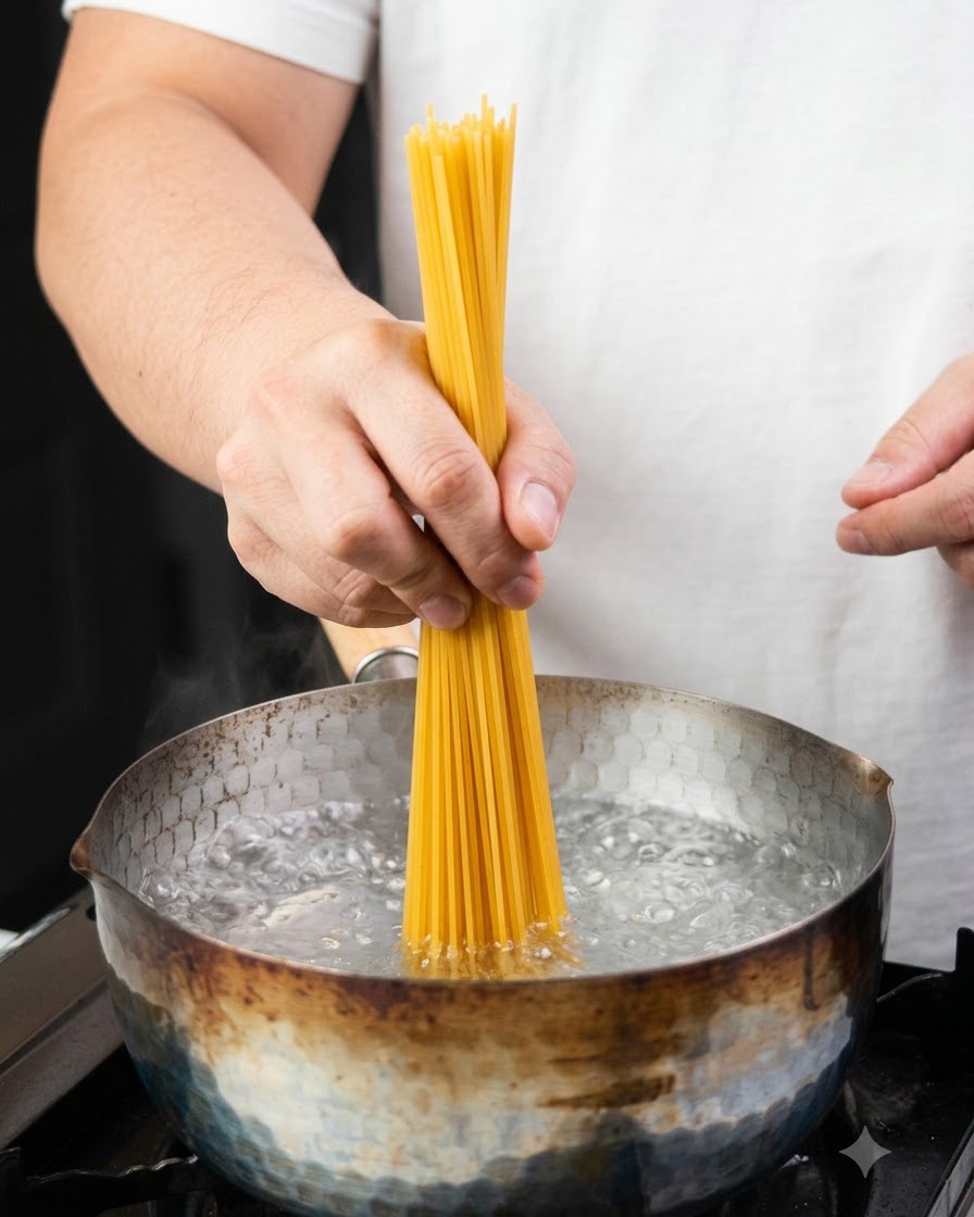 A handful of dry spaghetti being lowered into a pot of bubbling boiling water.