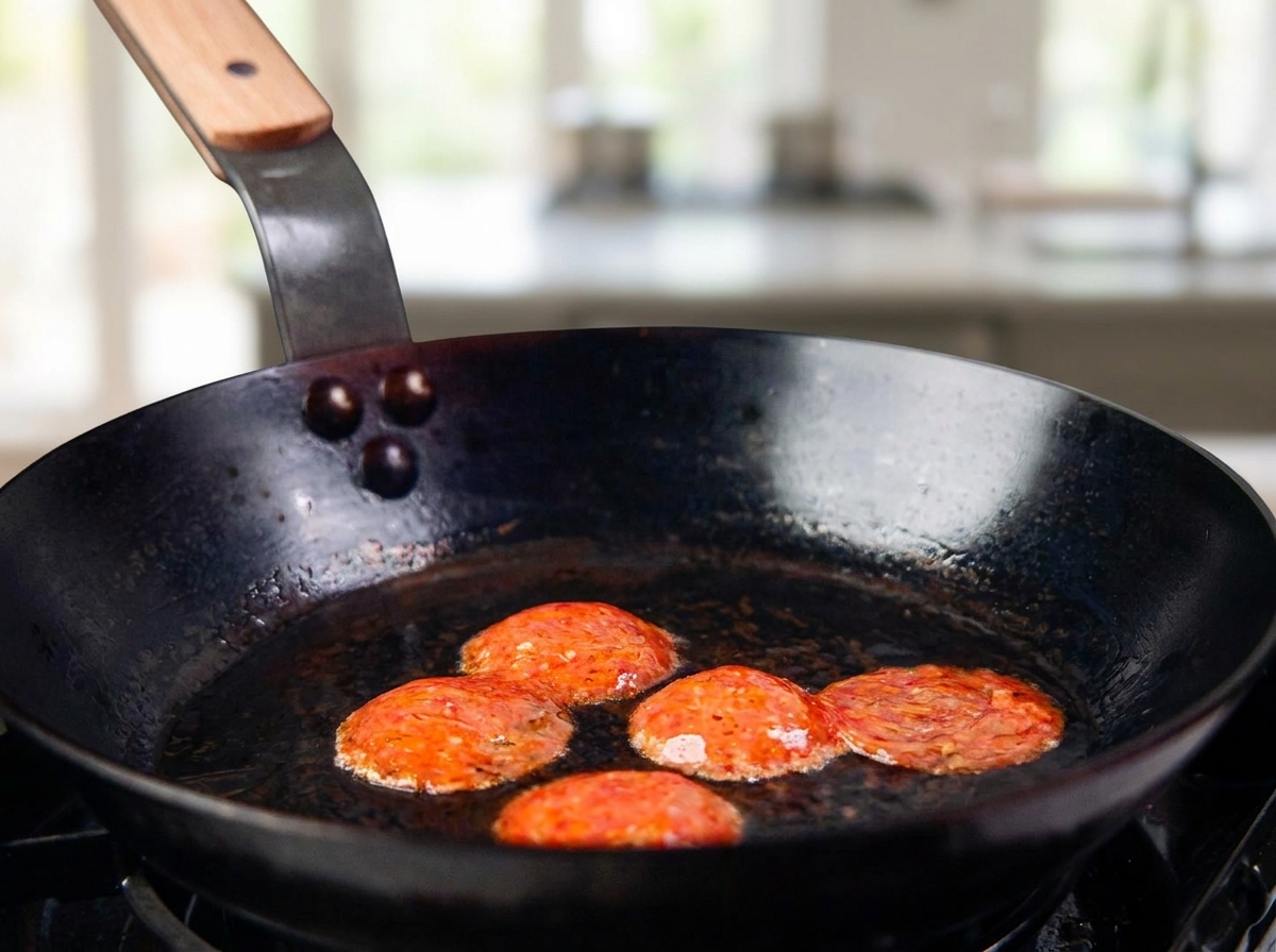 Salami slices sizzling in olive oil inside a black frying pan.