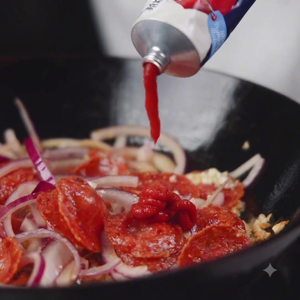 Red tomato paste being squeezed out of a tube into the pan of ingredients.