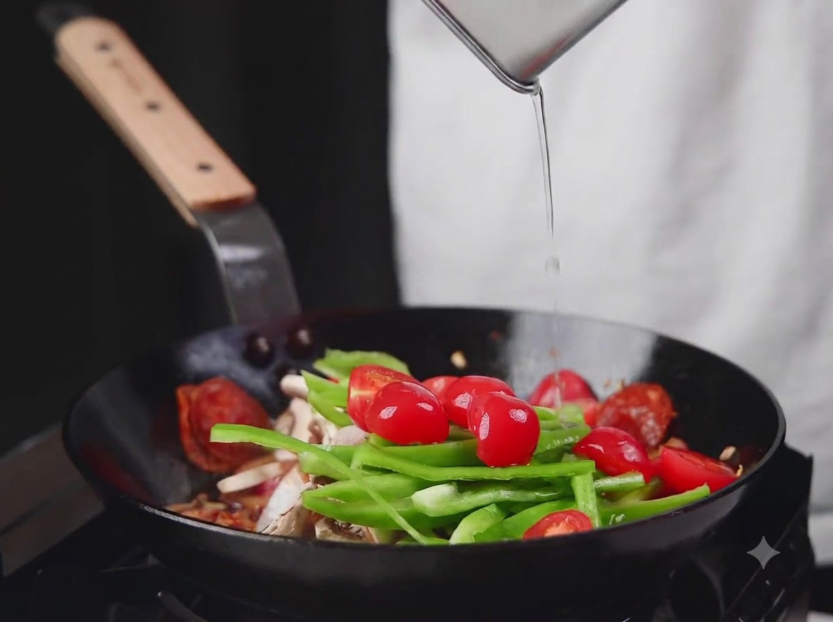 Green peppers, cherry tomatoes, and mushrooms being added to the pan.