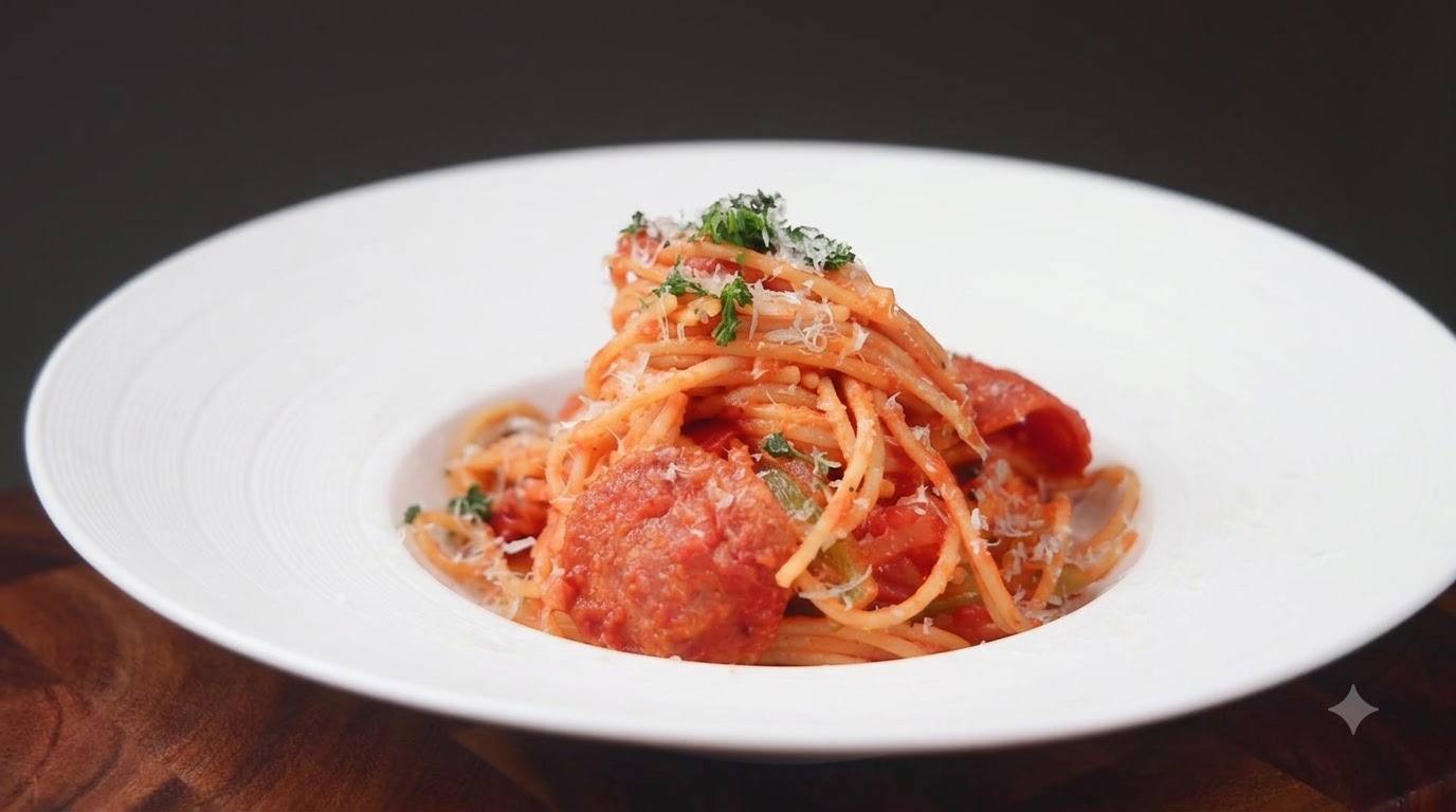 A classic Japanese Neapolitan pasta topped with fresh parsley and grated parmesan cheese.