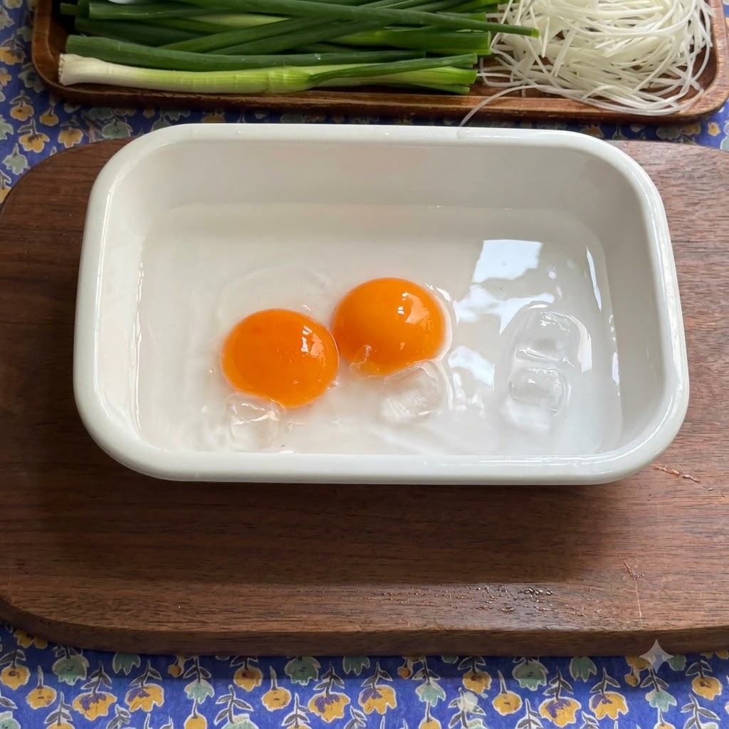 Two raw egg yolks floating in ice water inside a white ceramic tray on a wooden surface.