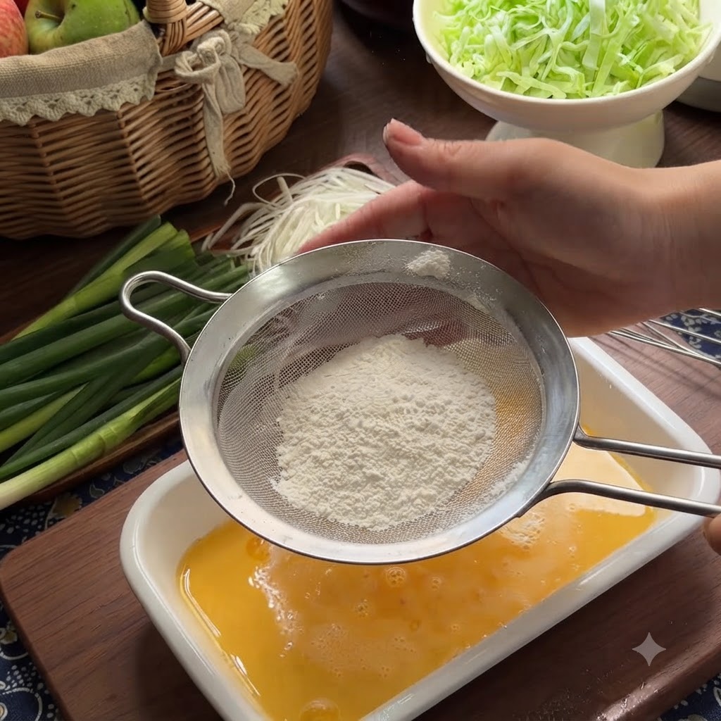 White flour being sifted through a metal strainer into a tray containing yellow egg mixture.