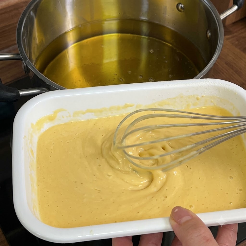 A whisk dripping yellow batter into a deep pot filled with hot cooking oil.