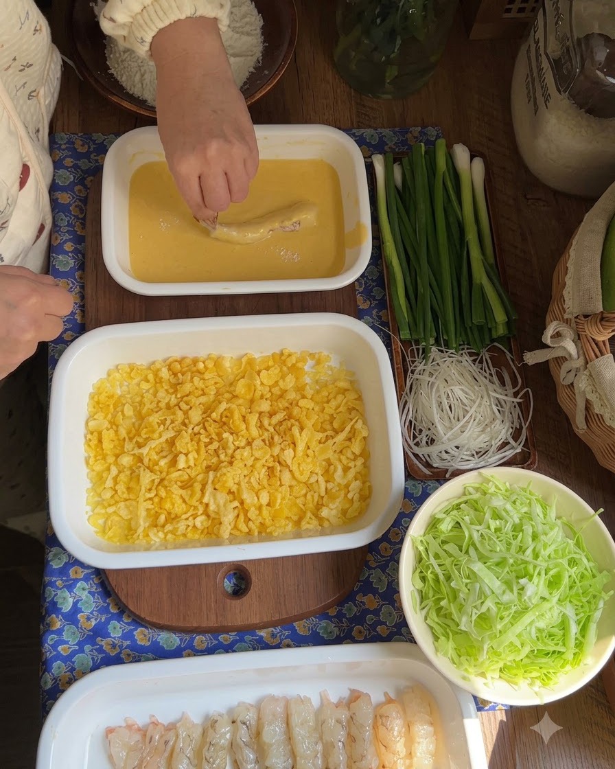 A hand pressing a batter-dipped shrimp into a bed of yellow tempura flakes.