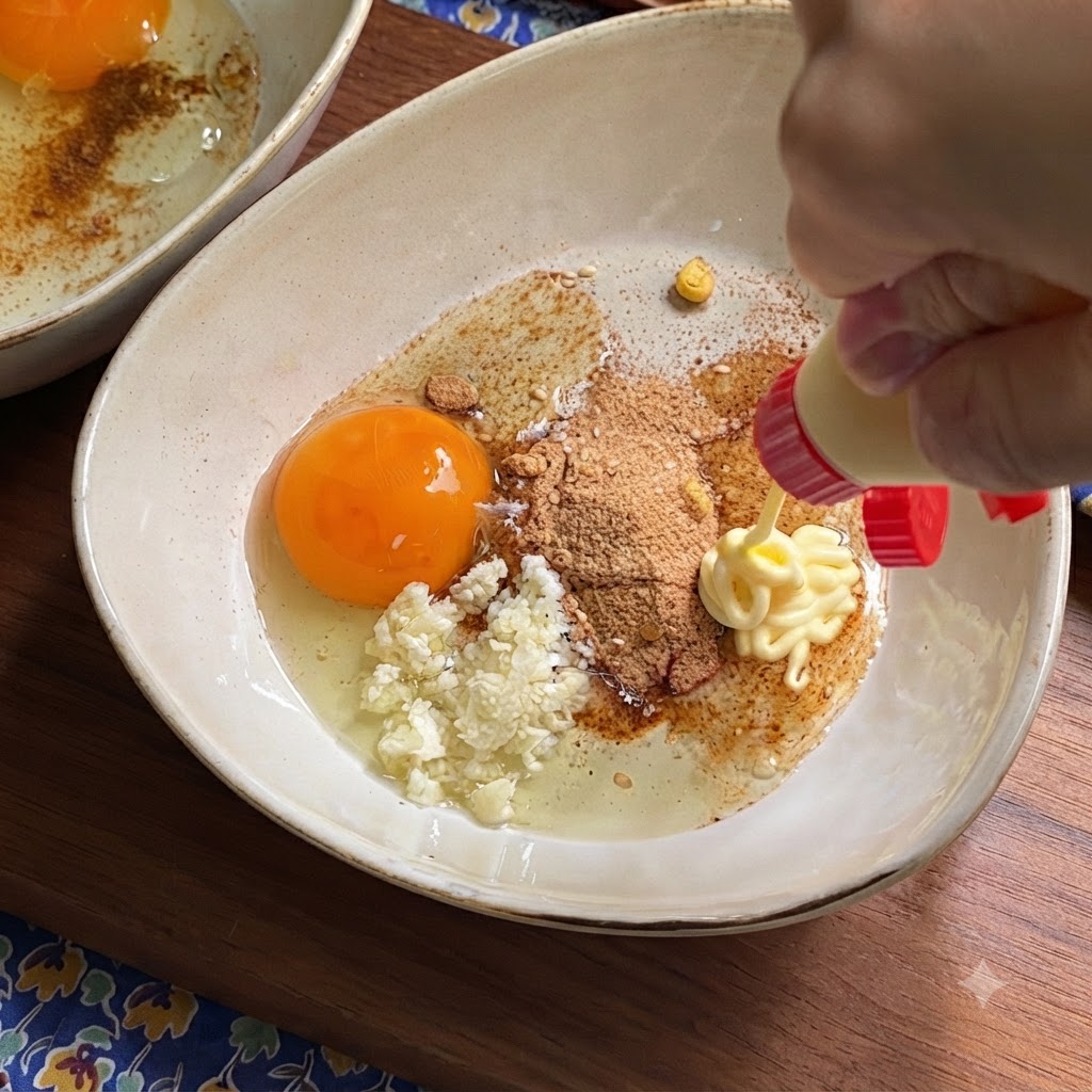 A bottle squeezing mayonnaise into a bowl filled with a raw egg yolk, garlic, and seasoning powder.