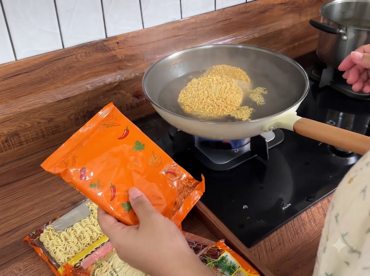 A ladle pouring steaming hot water from a pot of noodles into a seasoning bowl.