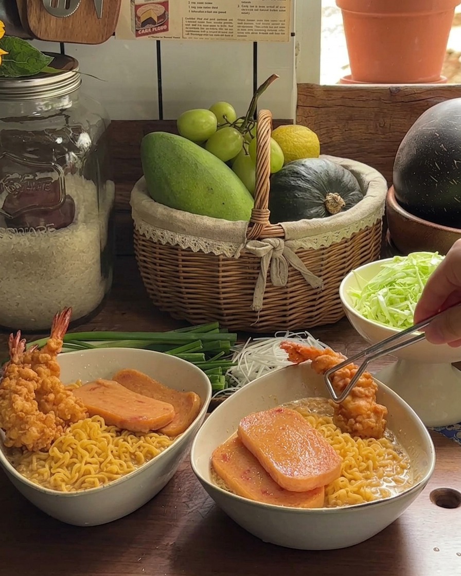 Assembled bowls of ramen topped with pan-fried spam slices and large crispy tempura shrimp.