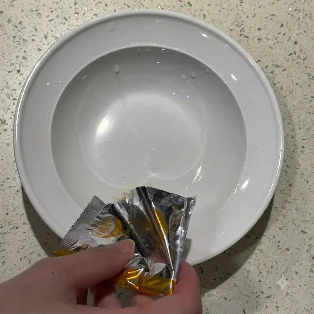 Seasoning powder from a silver instant noodle packet being poured into a white ceramic bowl.