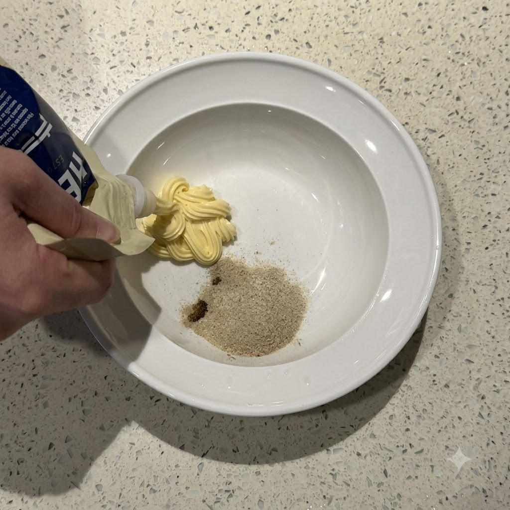 A hand holding a squeeze tube, dispensing yellow mayonnaise into a white bowl containing seasoning powder.