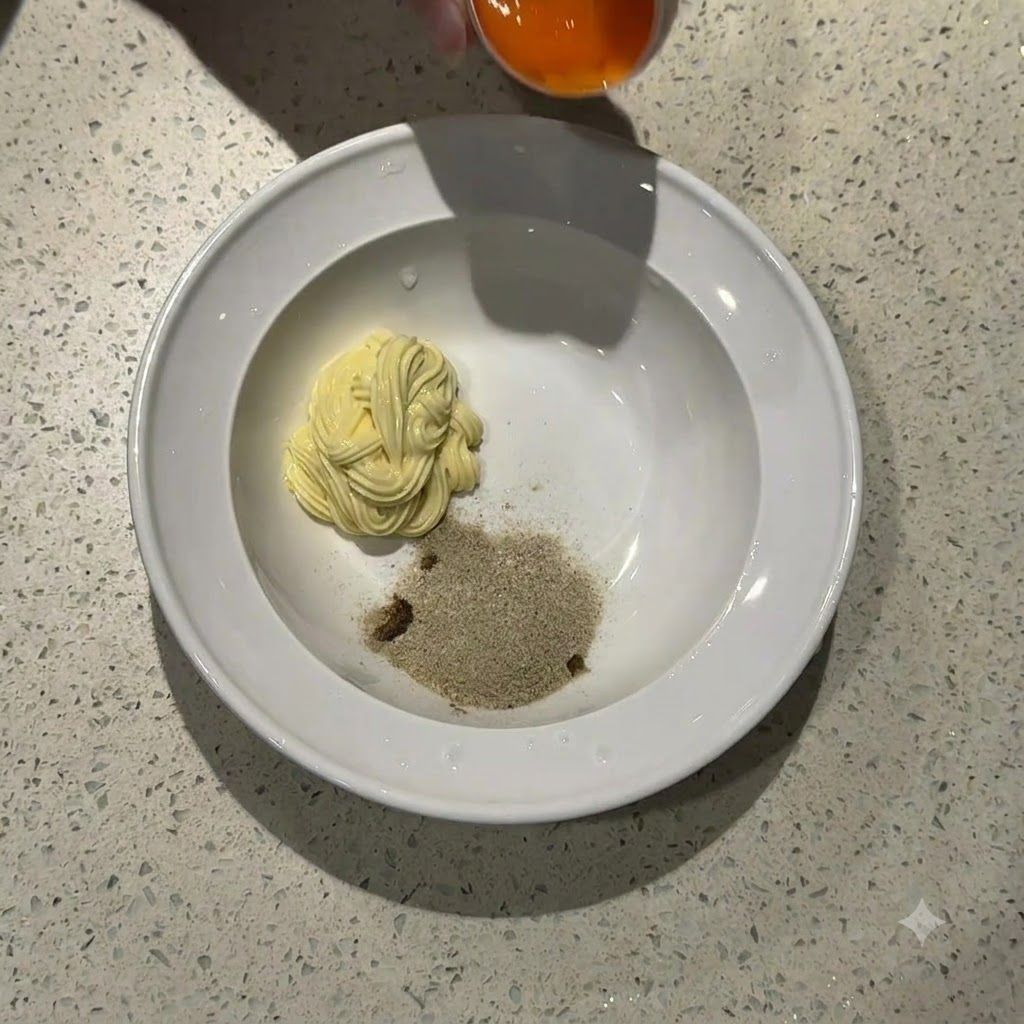 A raw orange egg yolk being dropped from an eggshell half into a white bowl with mayonnaise and seasoning powder.