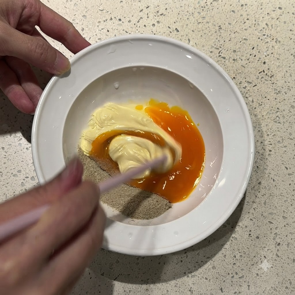 A hand holding pink chopsticks, actively stirring a thick orange paste made of egg yolk, mayonnaise, and seasoning powder in a white bowl.