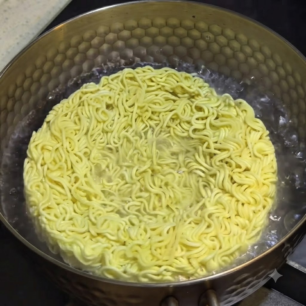 A round block of wavy instant noodles submerged in a textured metal pot of bubbling boiling water.