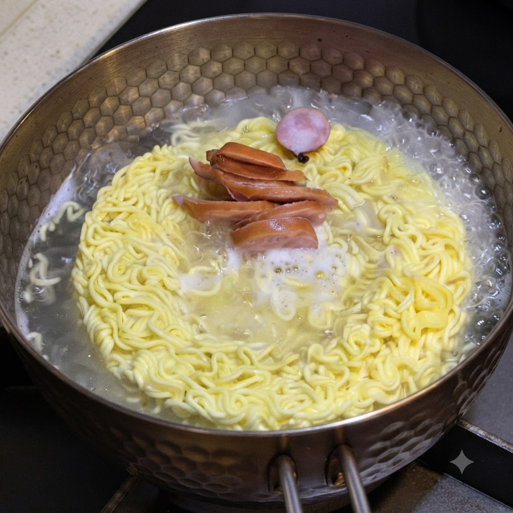 Sliced hot dog sausages and a round slice of fish cake cooking in a pot of boiling instant noodles.