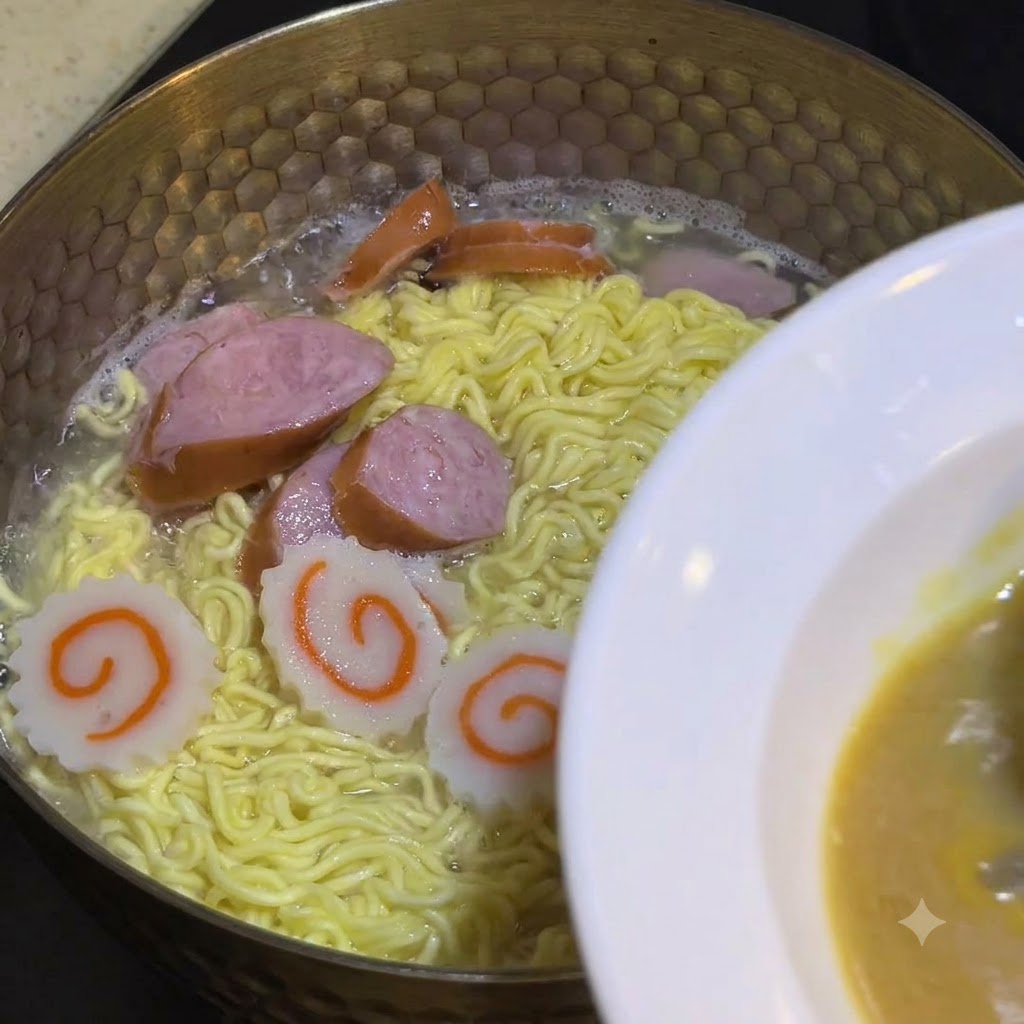 A ladle scooping hot broth from the cooking pot toward a white bowl with sauce.