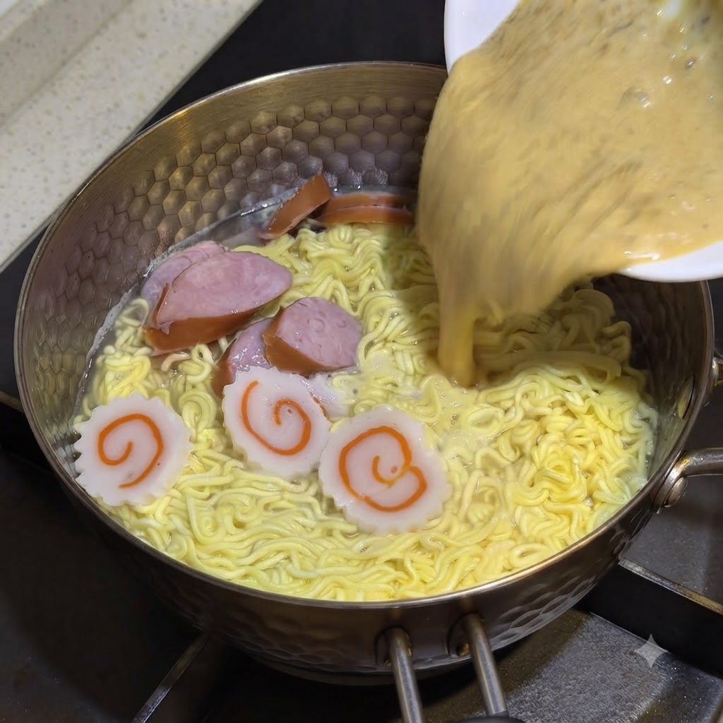 The blended sauce being poured from a white bowl into the bubbling pot of noodles.