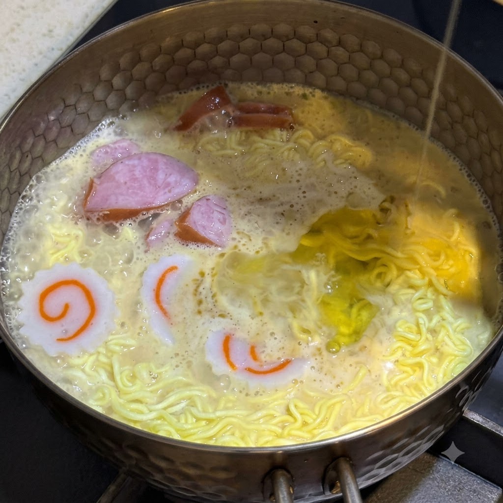 Egg white being streamed into the boiling noodle pot filled with broth and sliced sausages.