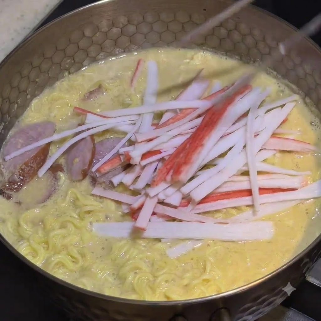 Shredded crab sticks being dropped onto the surface of the simmering noodles.