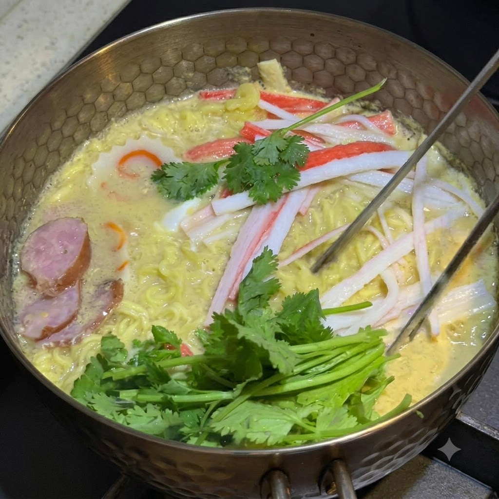 Fresh cilantro leaves and stems being placed into the pot of noodles and toppings.