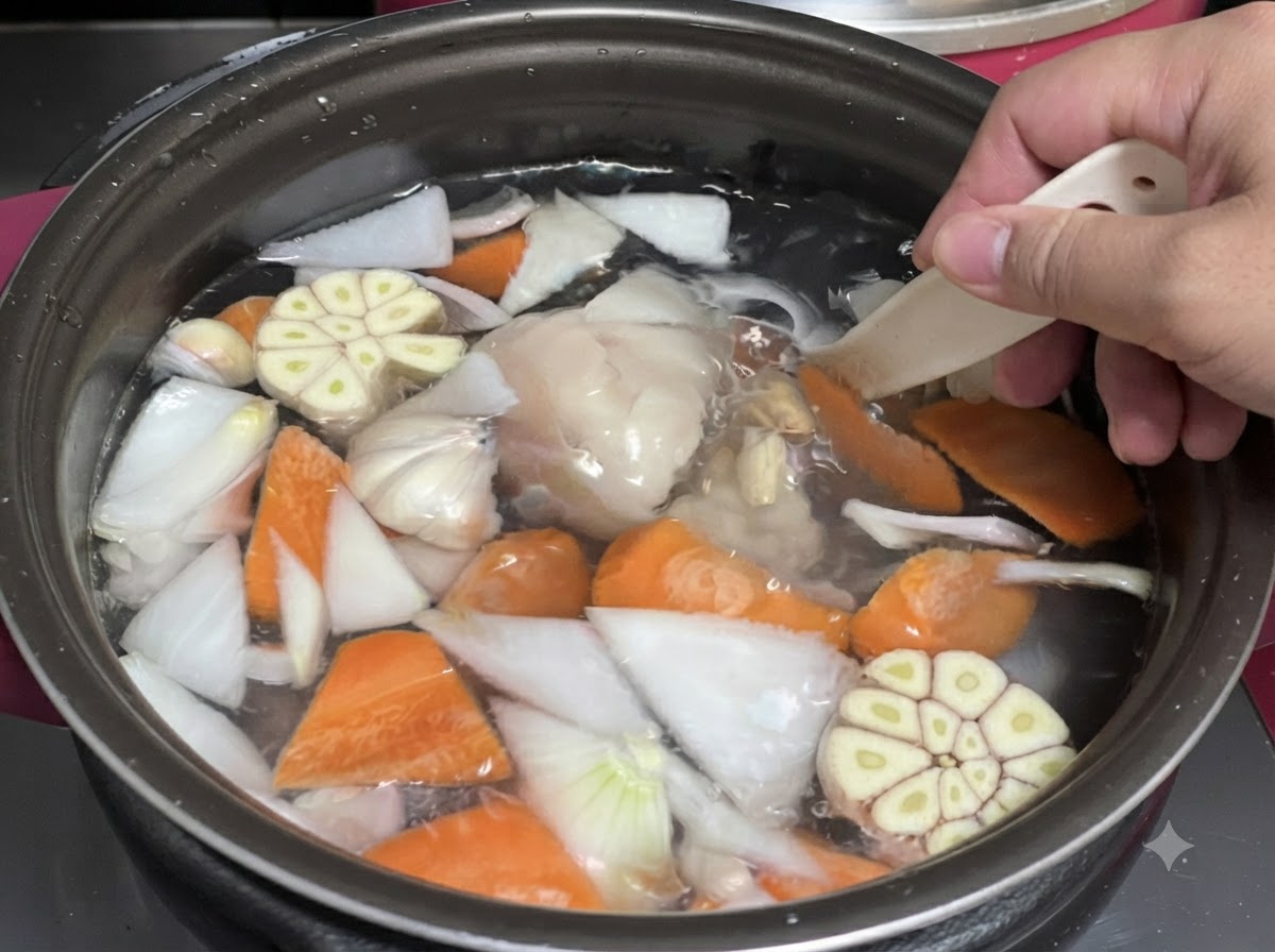 Pork bones, chicken feet, and vegetables submerged in a pressure cooker pot.
