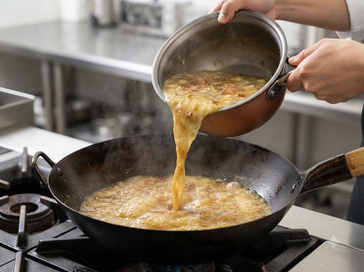 Broth pouring into a wok while smoking bonito flakes are mixed in.
