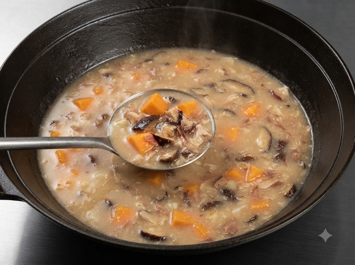 A ladle scooping rich broth filled with vegetables and mushrooms from a dark pot.