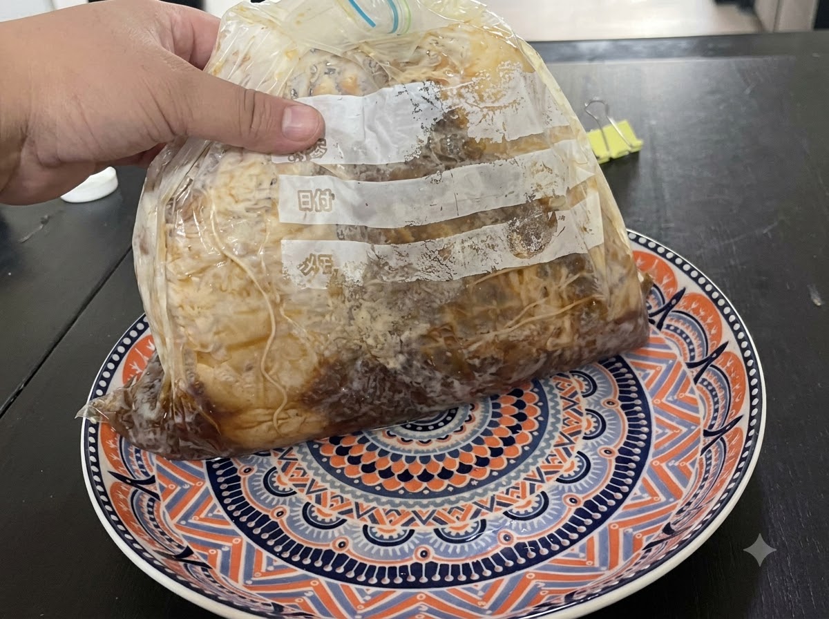 A hand holding a vacuum-sealed bag of marinated meat resting on a patterned plate.