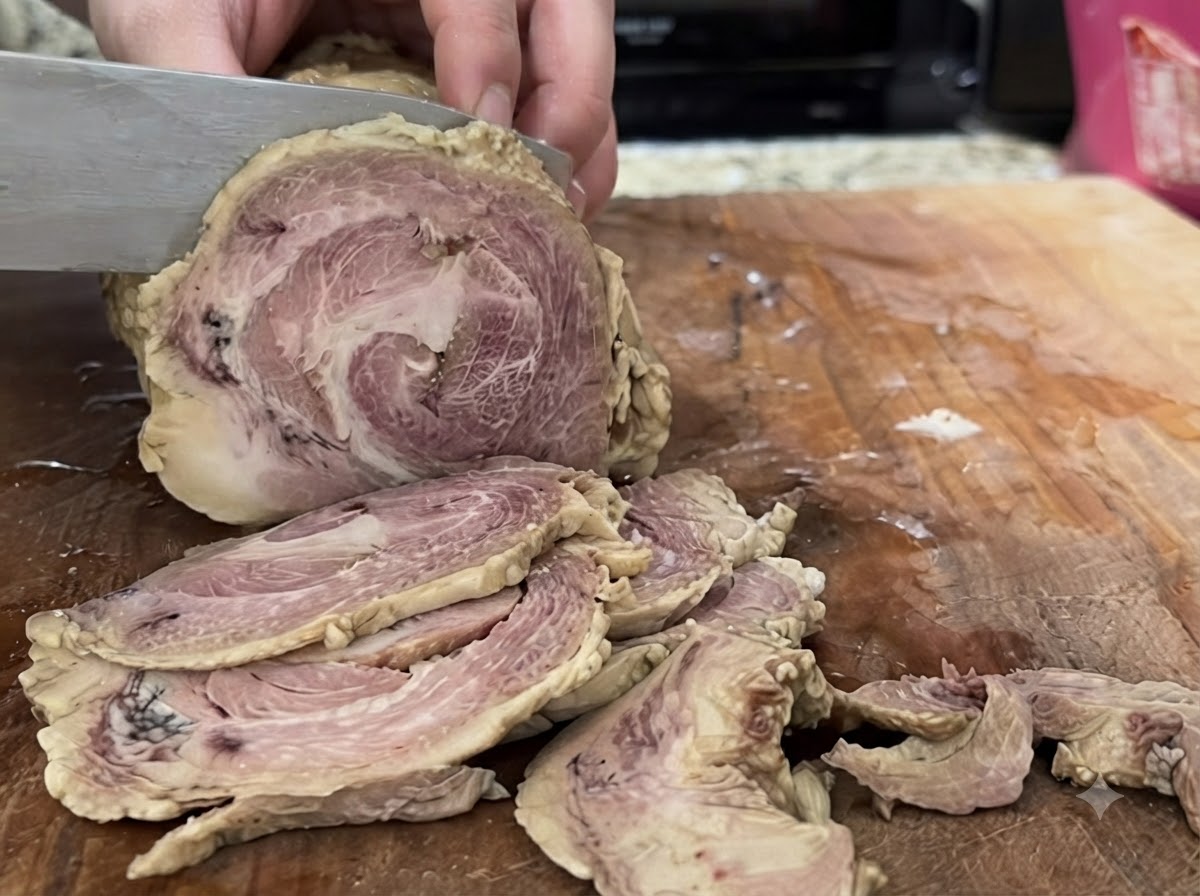 Slicing chilled rolled pork chashu meat on a wooden cutting board with a knife.
