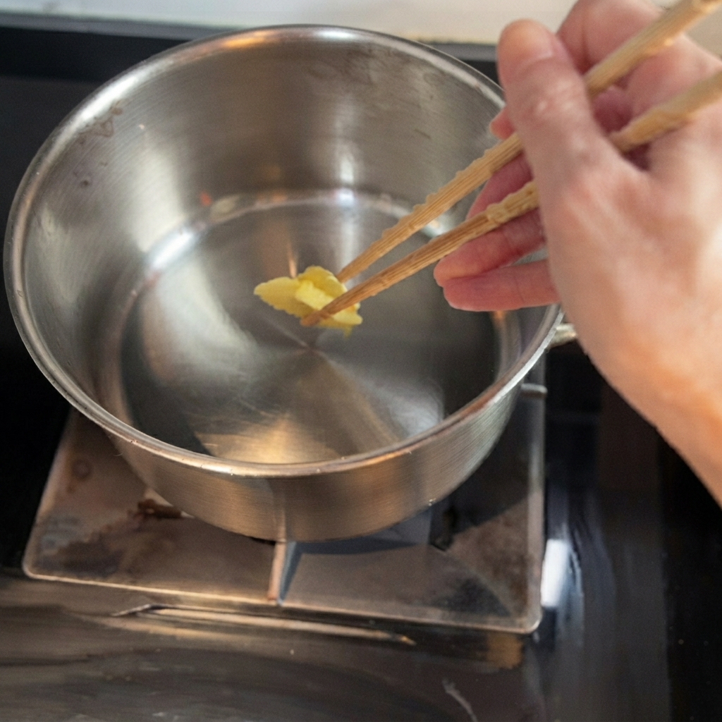Ginger slices sizzling in hot oil inside a metal pot.
