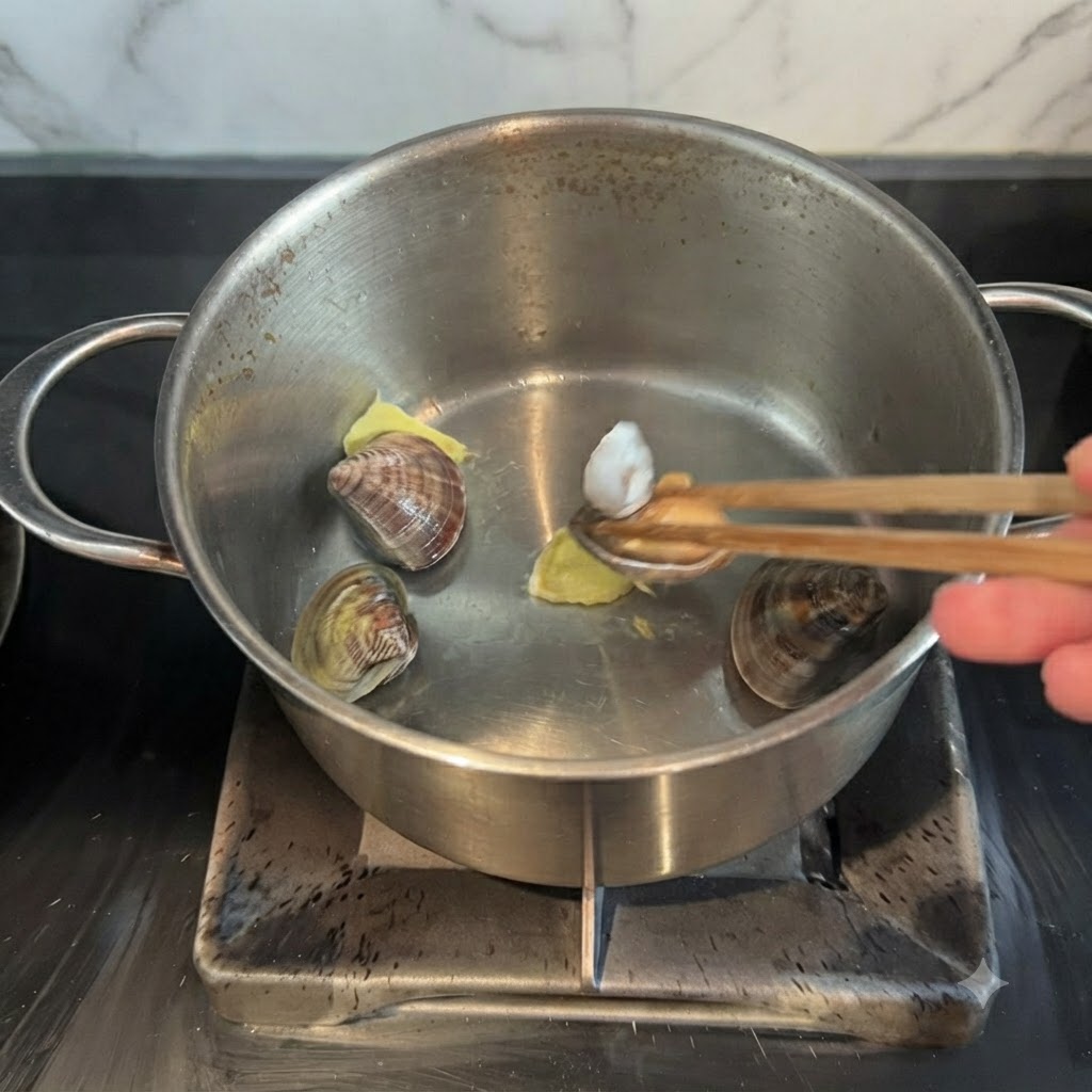 Asari clams, crab pieces, scallops, and mushrooms added to the pot with ginger.