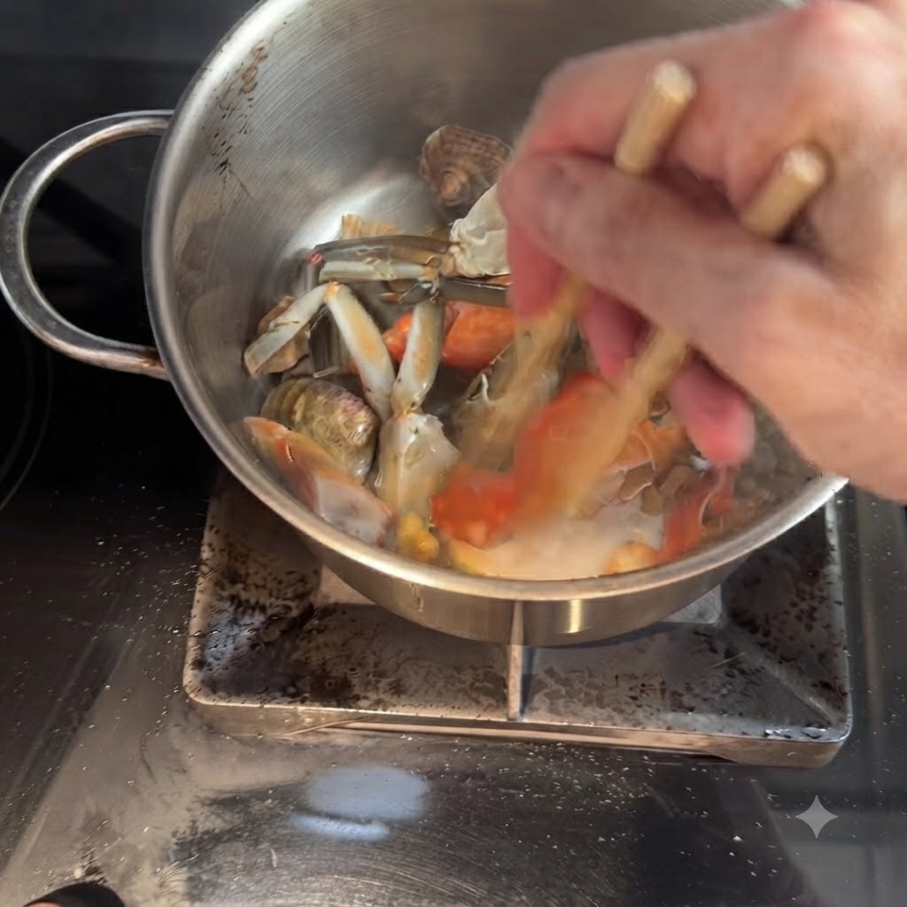 Crab meat and large prawns being stir-fried in the pot using chopsticks.