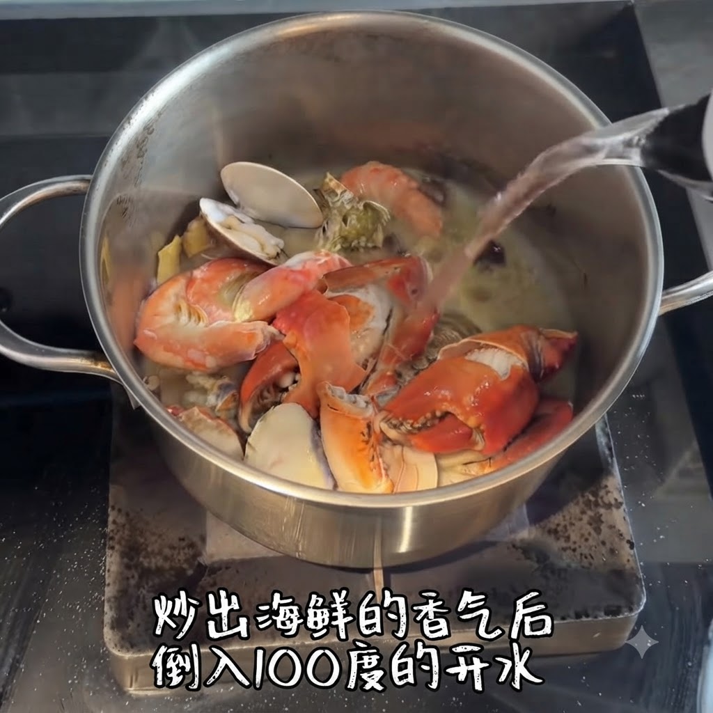Boiling water being poured from a kettle into the pot of sautéed seafood.
