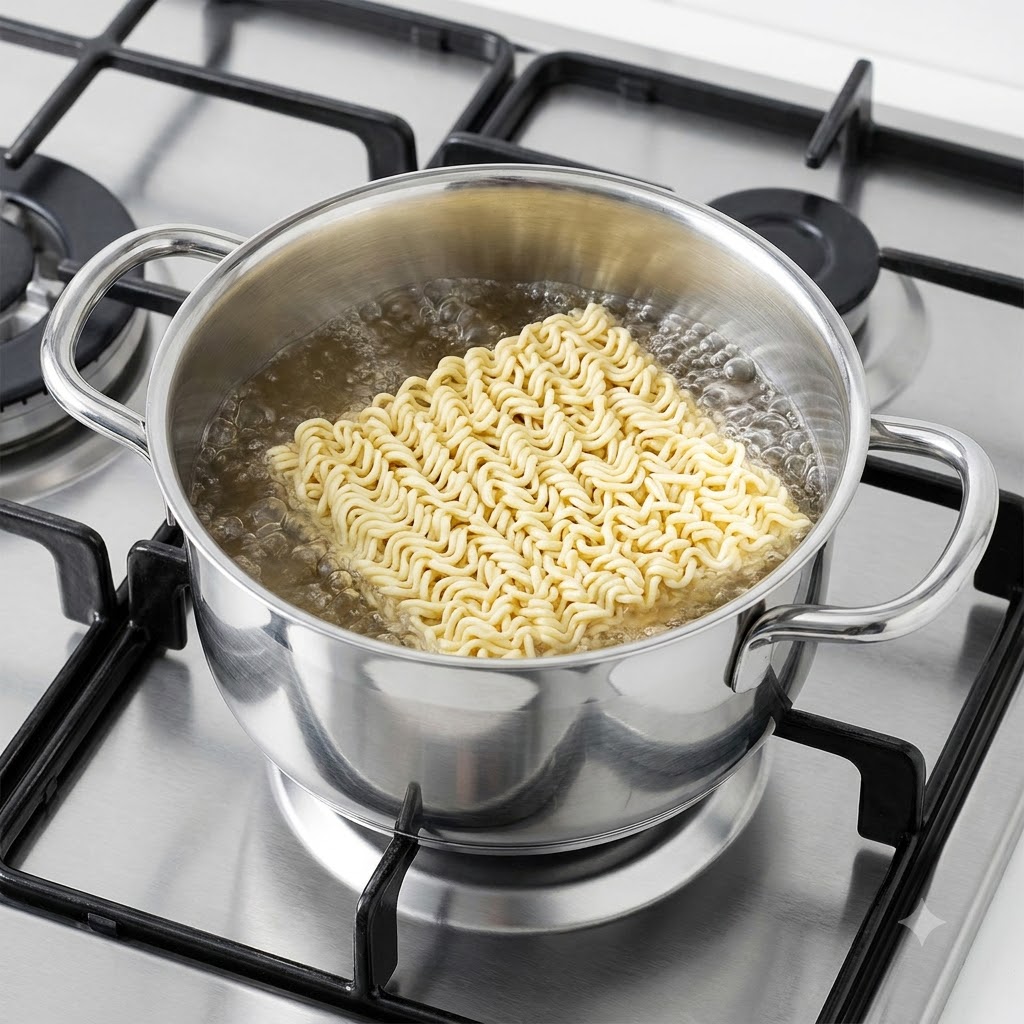 A block of Jin Ramen noodles placed inside the bubbling golden seafood soup.