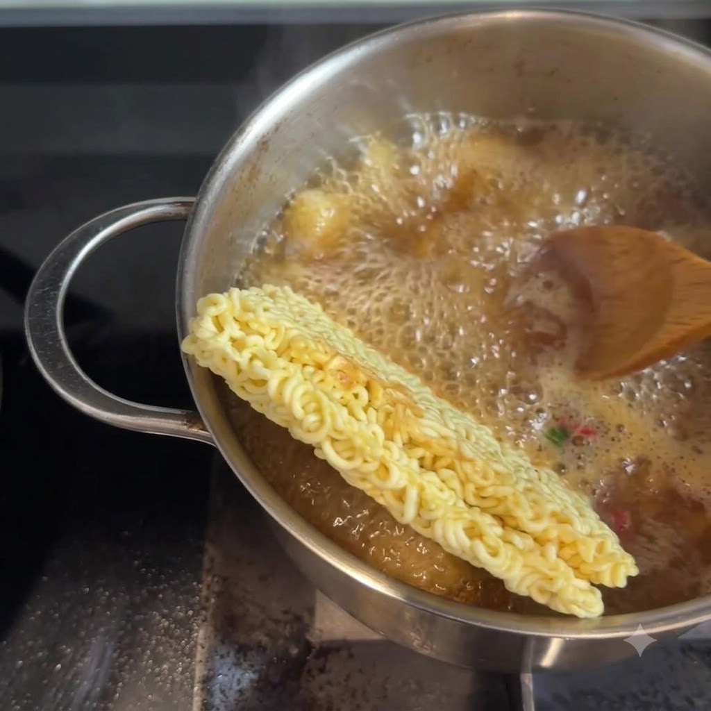 Chopsticks flipping ramen noodles and ingredients in a simmering pot of broth.